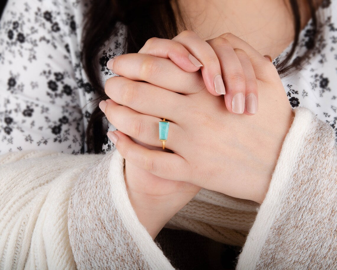 Amazonite Ring - Gold Plated - Tapered Baguette - Handmade Ring - Artisan Jewelry - Gemstone Ring - Gift for Women - Gemstone Jewelry