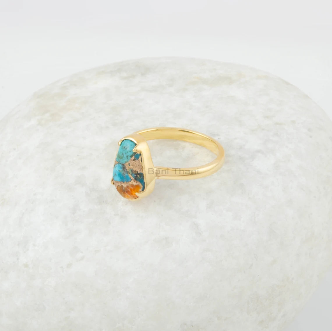 Oyster Copper Turquoise Ring - 925 Silver Ring - Gemstone Jewelry - Gold Plated Ring - Gift for Her under 40 - Bridesmaid Jewelry - 8x12mm