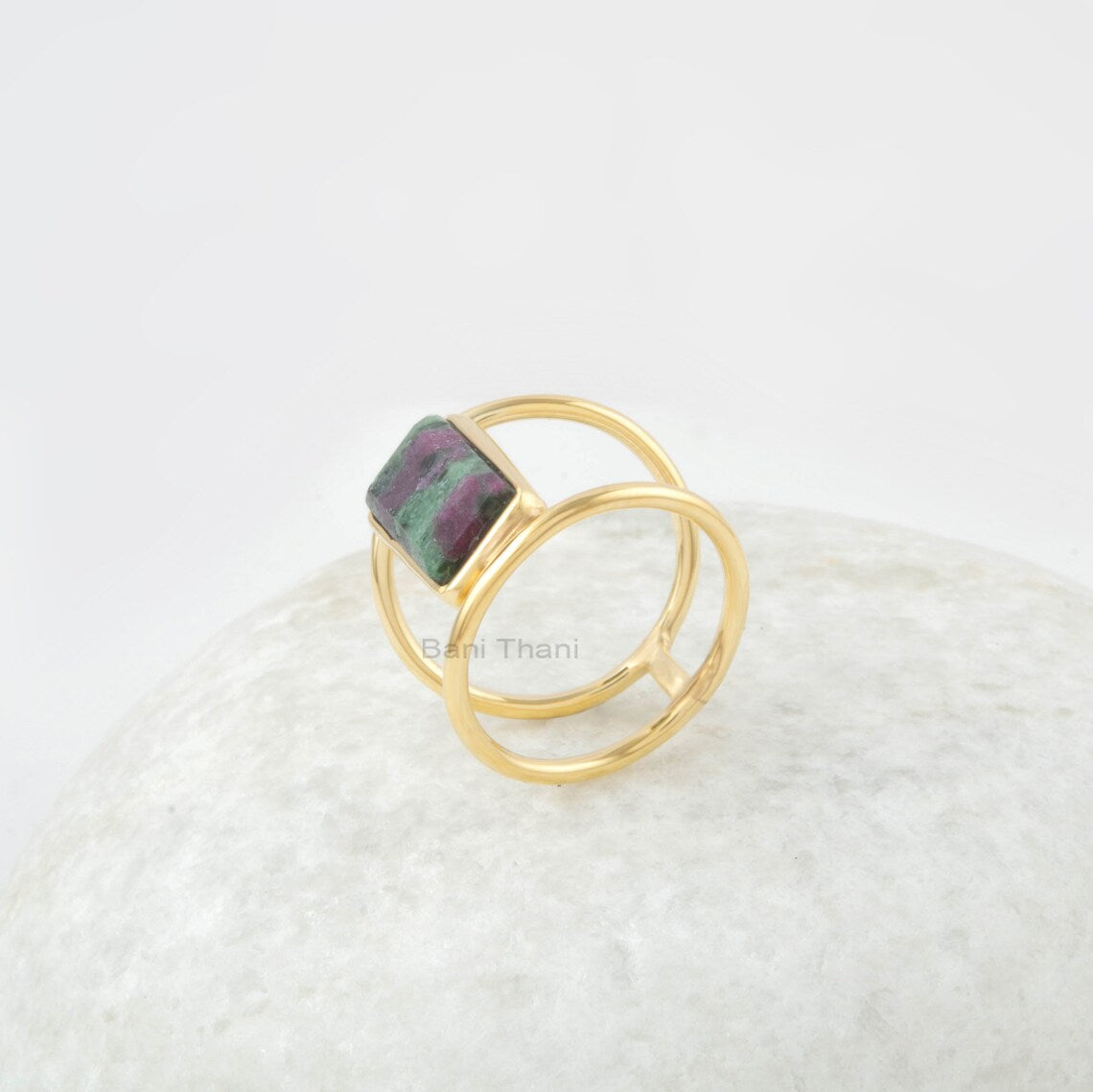 Ruby Zoisite Silver Ring - 7x12mm Rectangle - Gemstone Ring - Double Band - Gold Plated - Ring for Women - Gift for Her - Wedding Gift Ring