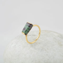 Ruby Zoisite Gemstone Ring - 925 Sterling Silver - Jewelry for Women's under 40 - Handmade Ring - Gold Plated - Gift for Her - 7x12 Baguette