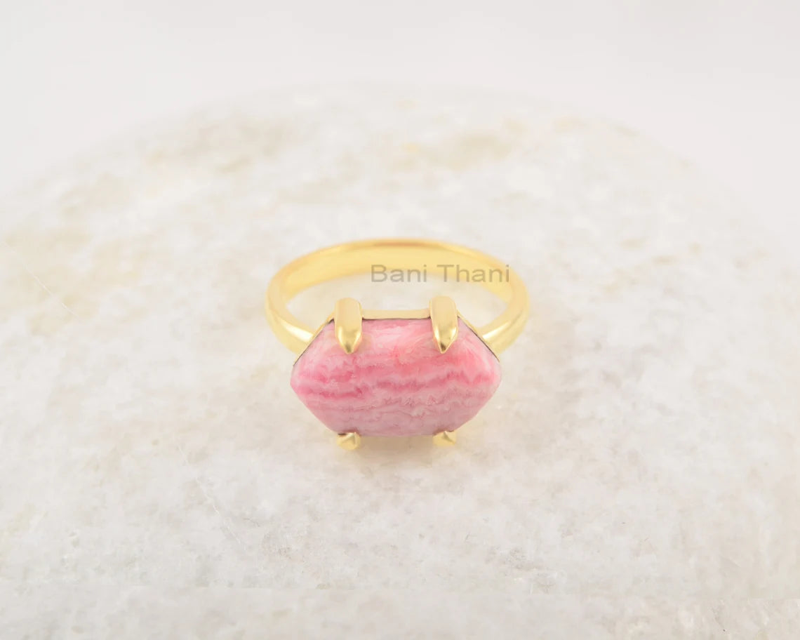 Promise Ring - Rhodochrosite Gemstone Ring - Hexagon Ring - 925 Solid Silver Ring - Gold Plated Ring - Wedding Gift Ring - Jewelry for Women