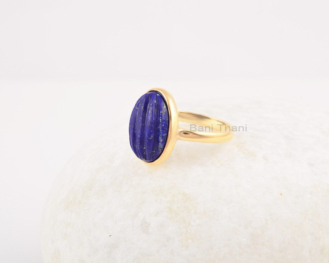 Gift for Her - Lapis Carved Gemstone Ring - Oval Shape Lapis Lazuli Ring - Solid Silver Ring - Promise Ring - Gift for Girls - Dainty Ring