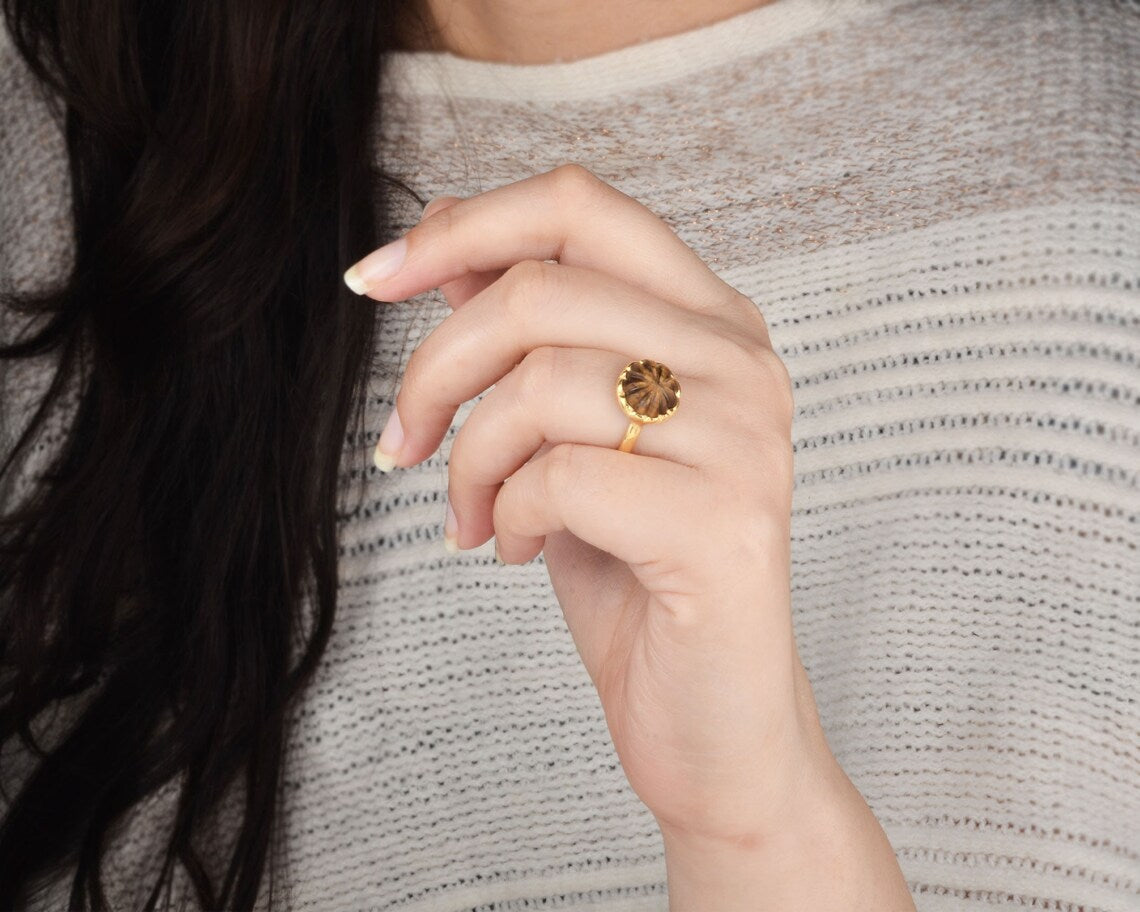 Tiger Eye Gemstone Silver Ring - Round Carved Ring - 925 Sterling Silver Ring - Zig Zag Ring - Gift for Her - Ring for Women - Dainty Ring