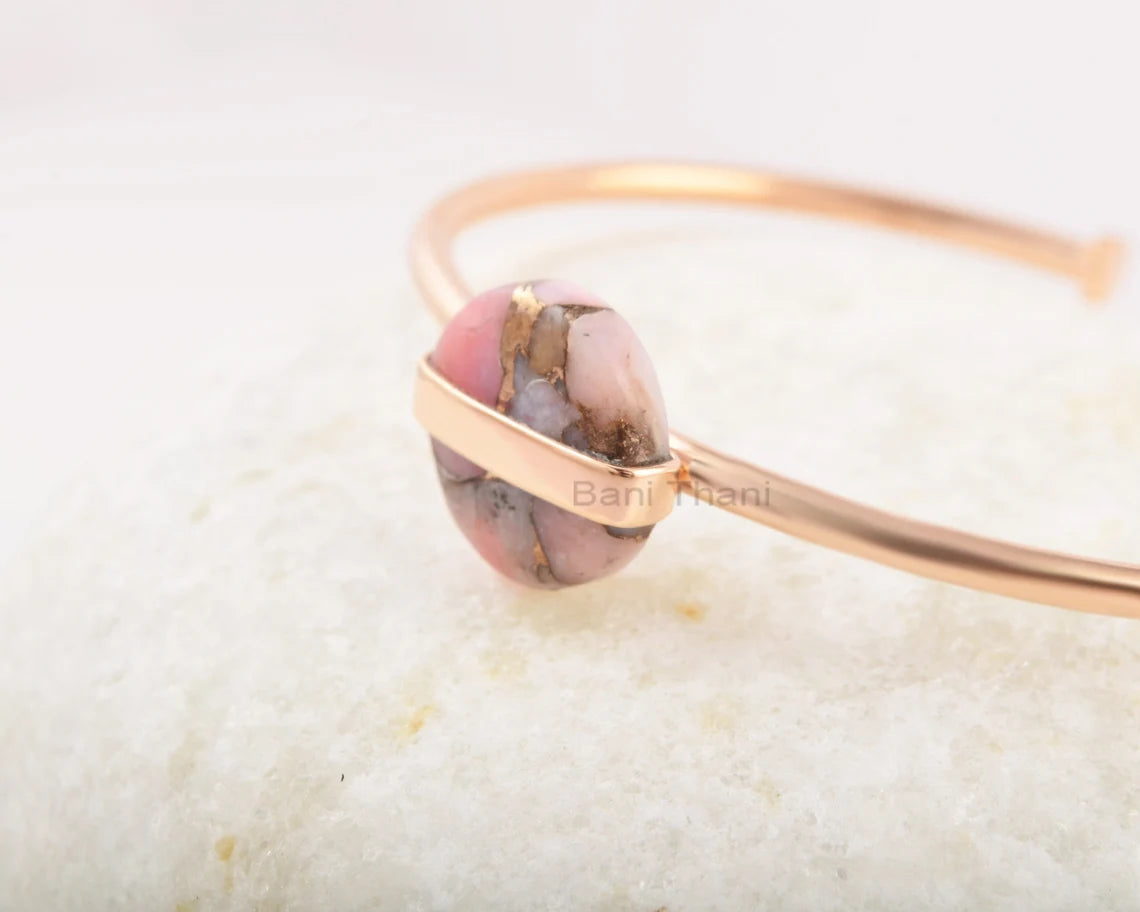 Pink Opal Cuff Bracelet, 925 Sterling Silver, Opal Round Bangle, Wholesale Jewelry, Cuff Bangle, Gift for Girlfriend, Rose Gold Bracelet