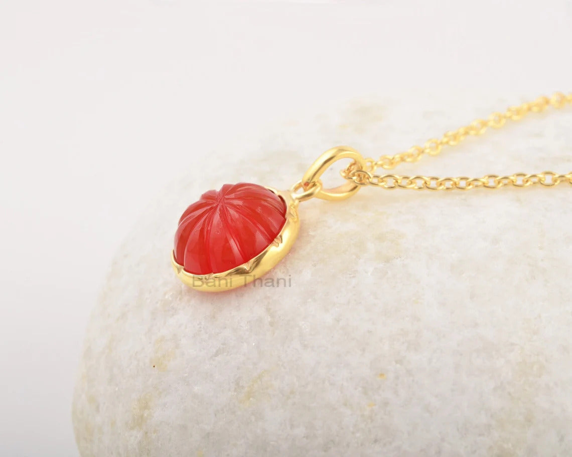 Carnelian Necklace - Sterling Silver - Gold Plated Pendant Necklace - Carved Jewelry - Trendy Jewelry - Gift For Summer - Jewelry For Ladies