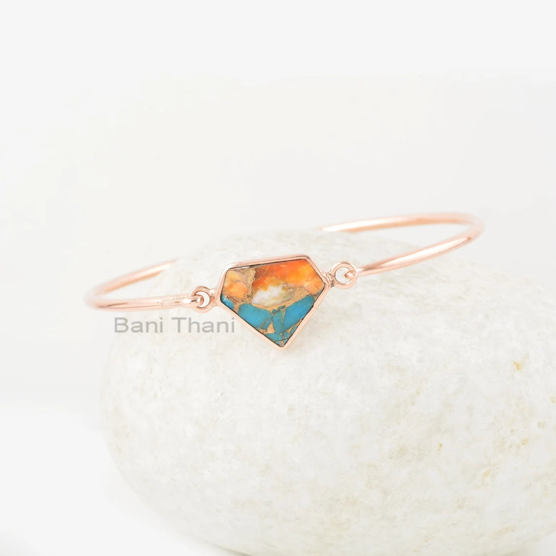 Oyster Copper Turquoise Bracelet, Oyster Turquoise 13x16mm Diamond Shape Rose Gold Gemstone Bangles, Silver Bangles Gift For Valentines Day