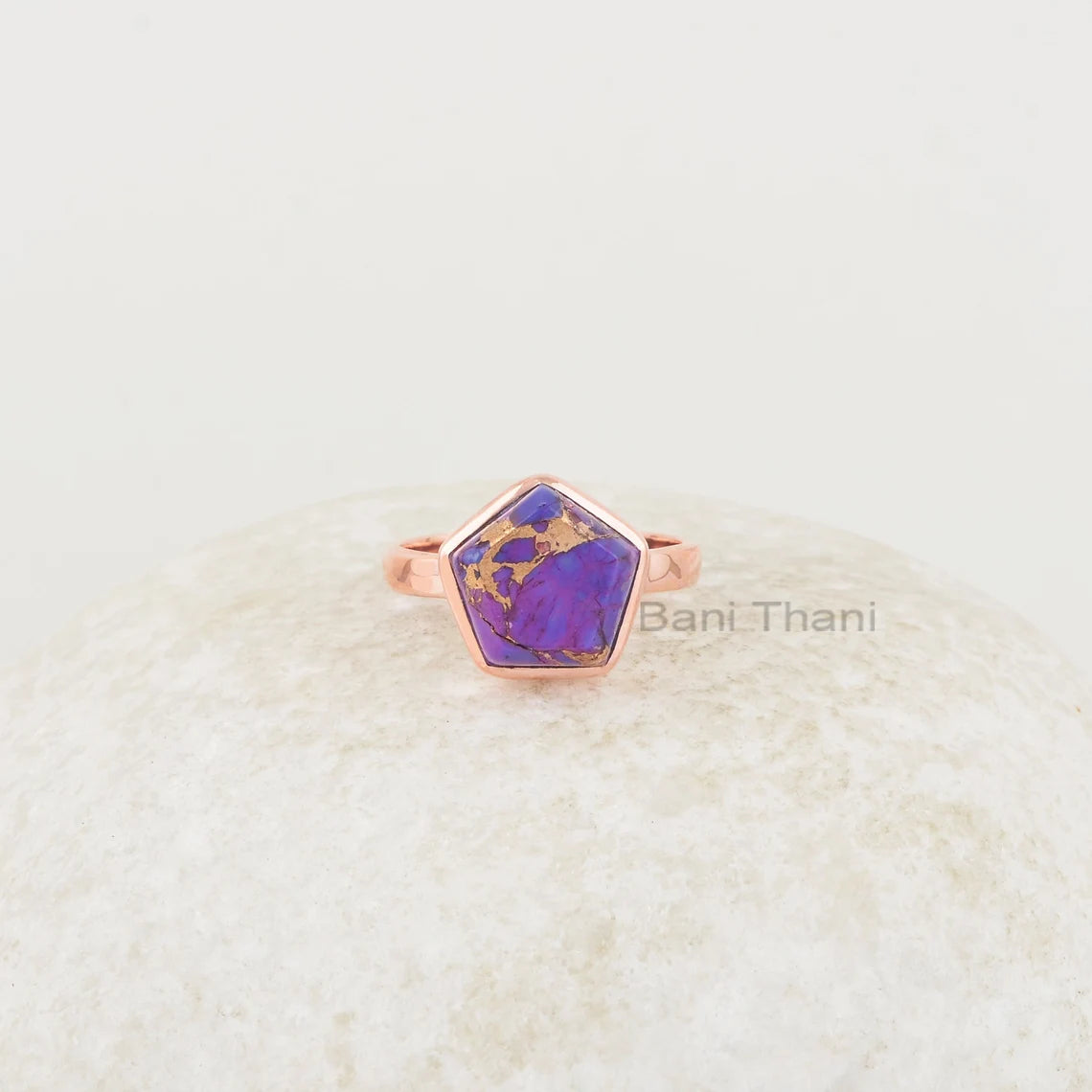 Purple Copper Turquoise 11x11mm Star Shape Rose Gold Gemstone Ring, Elegant Purple Turquoise Silver Bezel Set Ring Gift For Wife