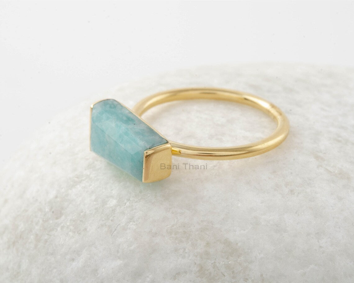 Amazonite Ring - Gold Plated - Tapered Baguette - Handmade Ring - Artisan Jewelry - Gemstone Ring - Gift for Women - Gemstone Jewelry