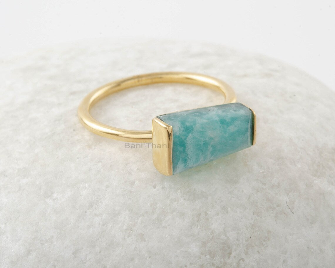 Amazonite Ring - Gold Plated - Tapered Baguette - Handmade Ring - Artisan Jewelry - Gemstone Ring - Gift for Women - Gemstone Jewelry