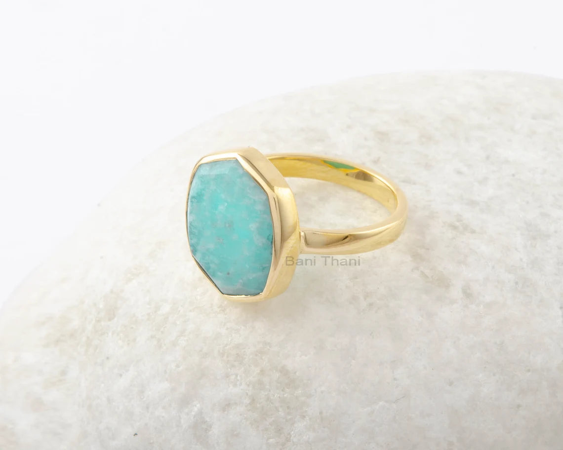 Amazonite Ring - 925 Silver Ring - Micron Gold Plated Ring - Hexagon Gemstone - Semi Precious Jewelry - Jewelry for Lover - Gift for Healing