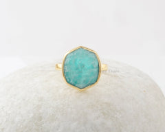 Amazonite Ring - 925 Silver Ring - Micron Gold Plated Ring - Hexagon Gemstone - Semi Precious Jewelry - Jewelry for Lover - Gift for Healing