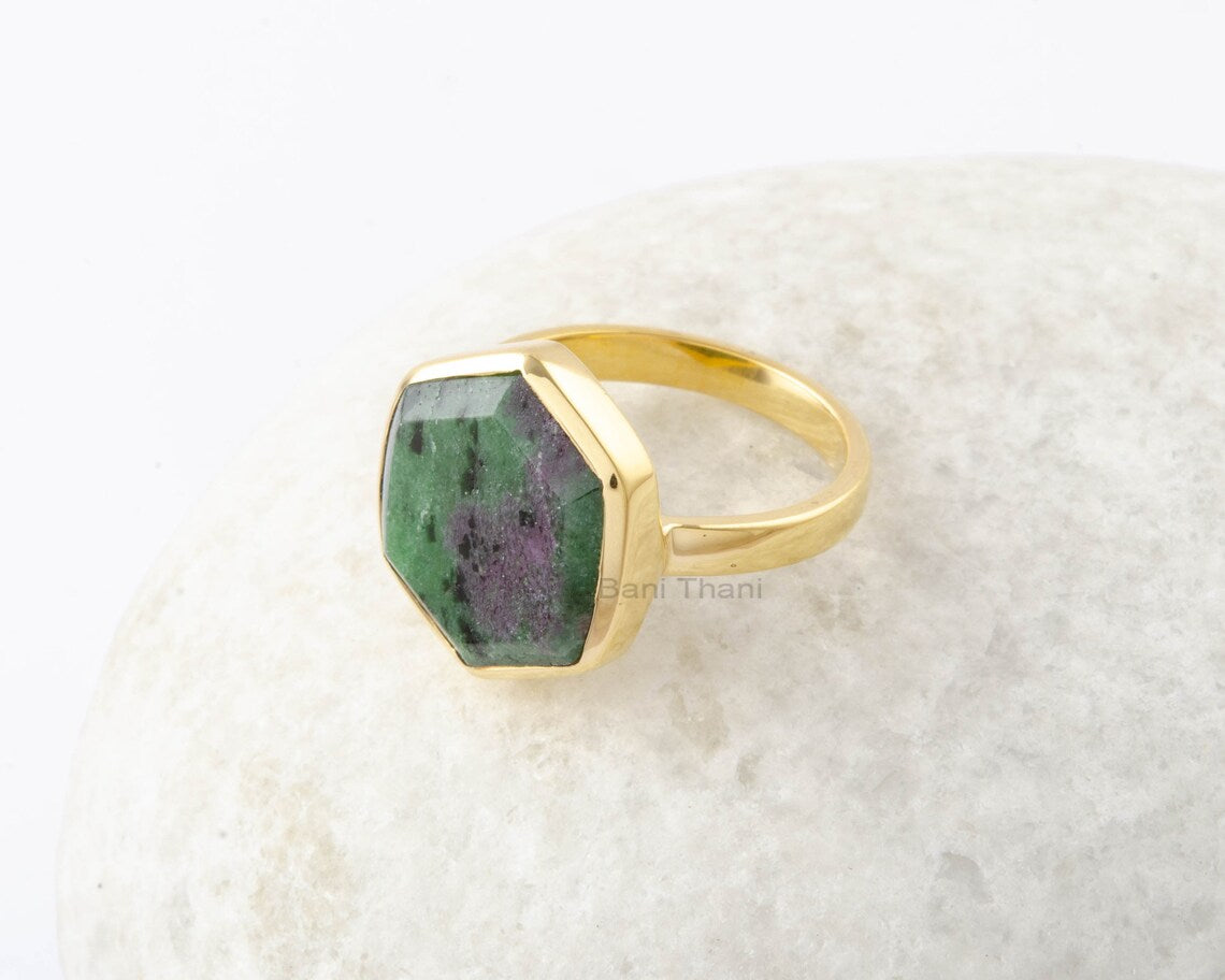 Ruby Zoisite Ring - Gold Plated - Pure Silver - Handmade Ring - Artisan Jewelry - Jewelry for Wedding - Gift for Women - Hexagon Gemstone