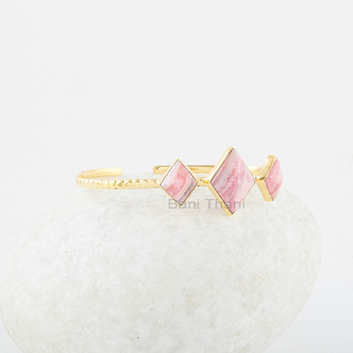 Diamond Shape Bracelet - Rhodochrosite Bangle - Gemstone Cuff Bracelet - Gold Plated - Solid Silver - Gift for Her