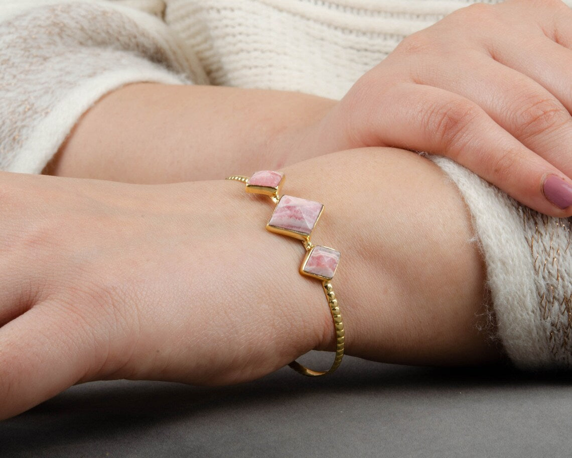 Diamond Shape Bracelet - Rhodochrosite Bangle - Gemstone Cuff Bracelet - Gold Plated - Solid Silver - Gift for Her