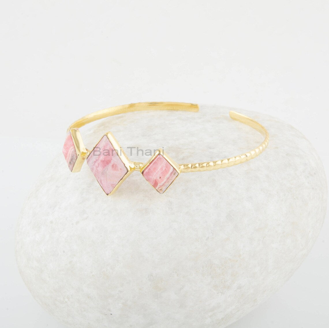 Diamond Shape Bracelet - Rhodochrosite Bangle - Gemstone Cuff Bracelet - Gold Plated - Solid Silver - Gift for Her