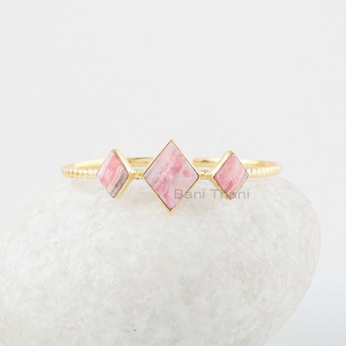 Diamond Shape Bracelet - Rhodochrosite Bangle - Gemstone Cuff Bracelet - Gold Plated - Solid Silver - Gift for Her