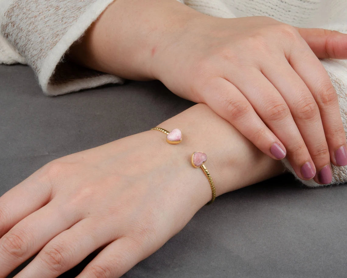 Natural Stone Jewelry - Rhodochrosite Gemstone Bangle - 925 Sterling Silver - Gold Plated - Gift For Her - Jewelry for Bride - Cuff Bracelet