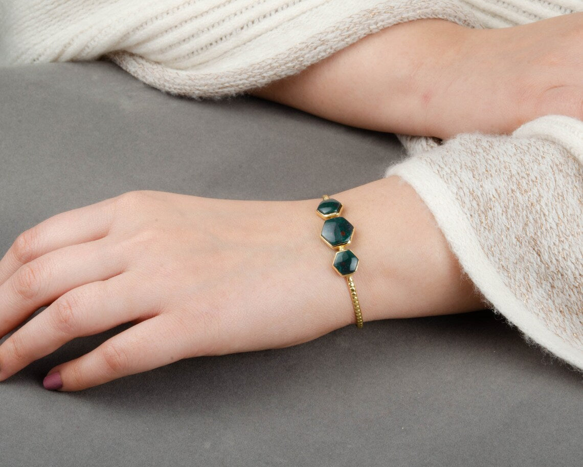 Bloodstone Cuff Bangle - Hexagon Bracelet - 925 Sterling Silver Bracelet - Gift for Her - Handmade Bracelet - Gold Plated - Jewelry for Prom