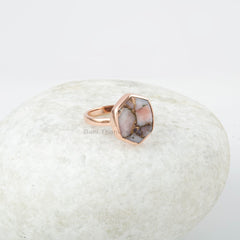 Hexagon Silver Ring - Gemstone Ring - Pink Opal Copper 13x15mm Ring - Rose Gold Plated Ring - Ring for Women - Handmade Ring - Gift for Her