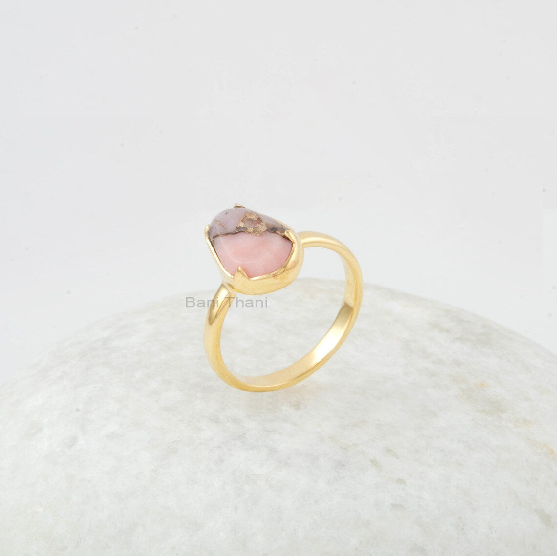 Pink Opal Gemstone Jewelry - 925 Silver Ring - Opal Copper Rings - Gold Plated Ring - 40 Birthday Gift Ring - Jewelry for Bridesmaid 8x12mm