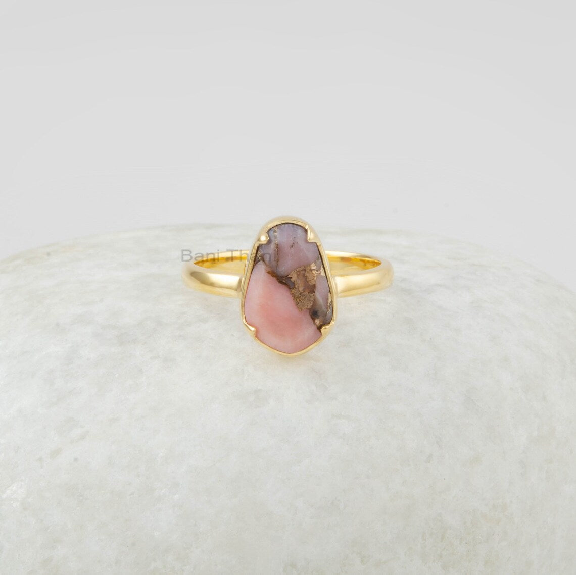 Pink Opal Gemstone Jewelry - 925 Silver Ring - Opal Copper Rings - Gold Plated Ring - 40 Birthday Gift Ring - Jewelry for Bridesmaid 8x12mm