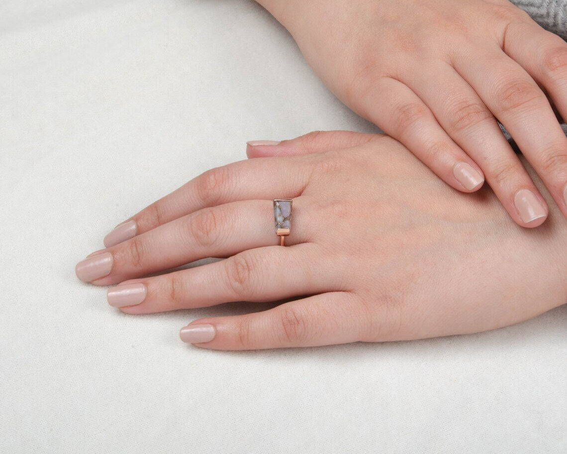Pink Opal Ring - Copper Gemstone Ring - 925 Sterling Silver - Ring for Womens - Handmade Ring - Rose Gold Ring - Gift for Her - 7x12mm Ring