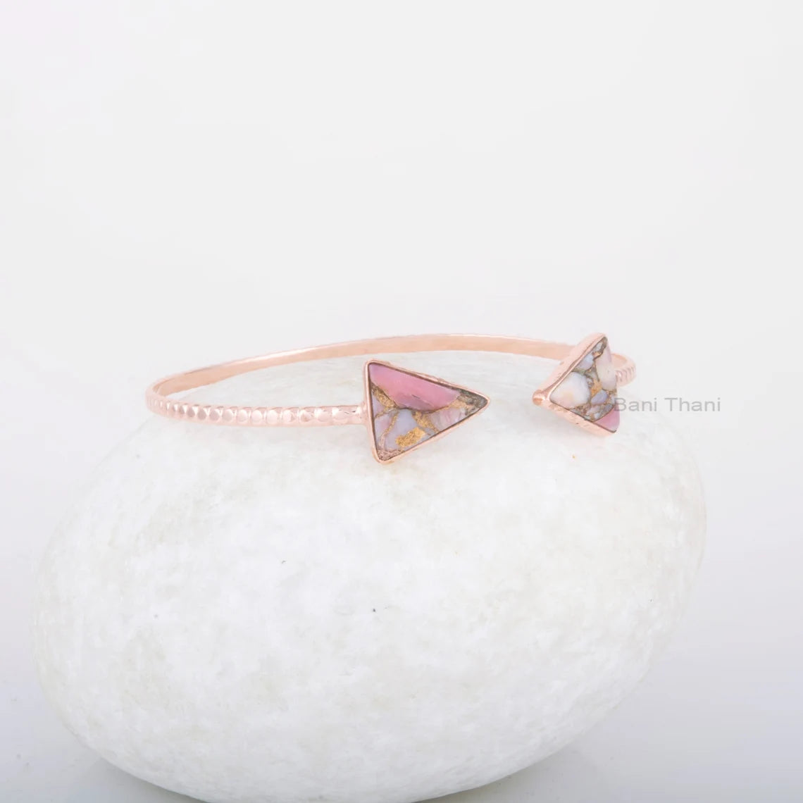 Pink Opal Cuff Bangle - 8x9mm Triangle Gemstone Bracelet - 925 Silver Bracelet - Adjustable Bangle - Rose Gold Bracelet - Jewelry for Womens