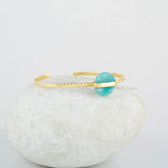 Amazonite Gemstone Bracelet - 925 Silver Bracelet - Adjustable Cuff Bangle - 12mm Round Gemstone - Gold Plated Bracelet - Handmade Jewelry