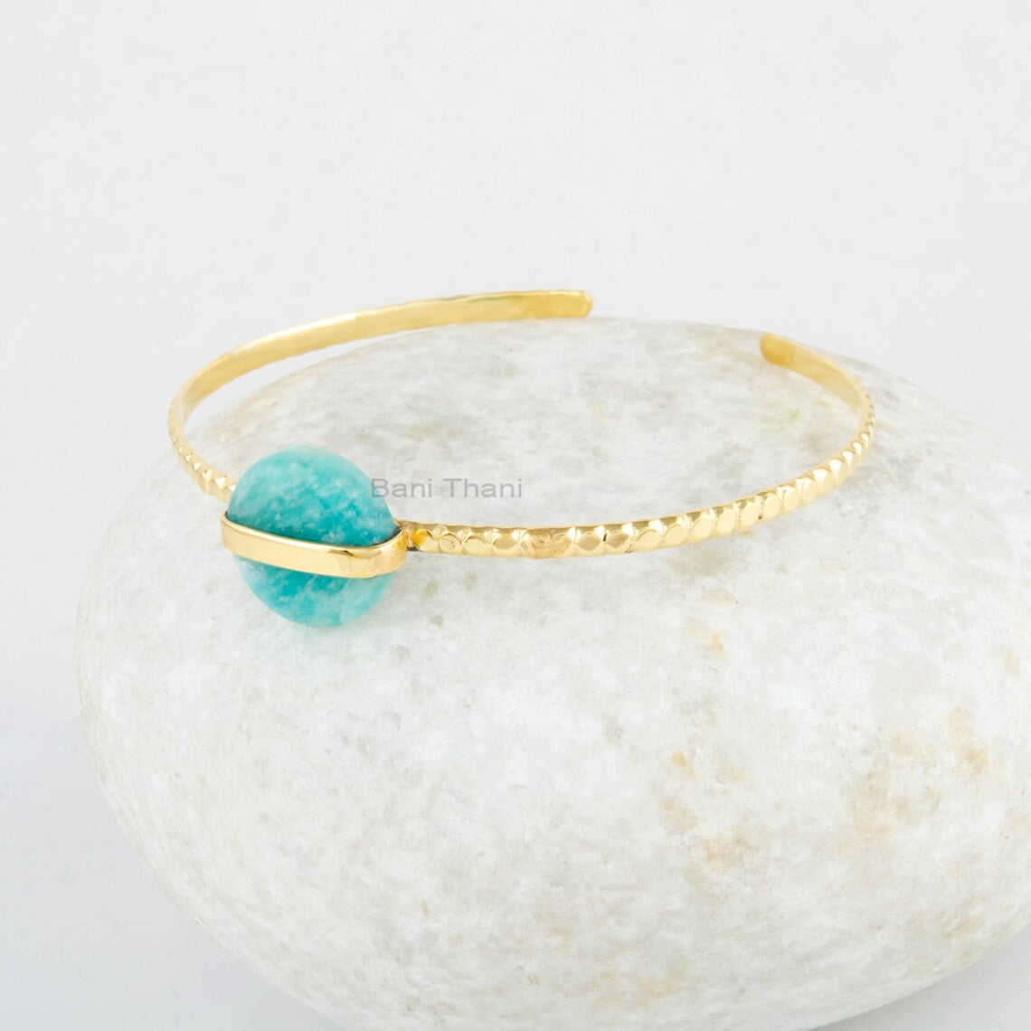 Amazonite Gemstone Bracelet - 925 Silver Bracelet - Adjustable Cuff Bangle - 12mm Round Gemstone - Gold Plated Bracelet - Handmade Jewelry