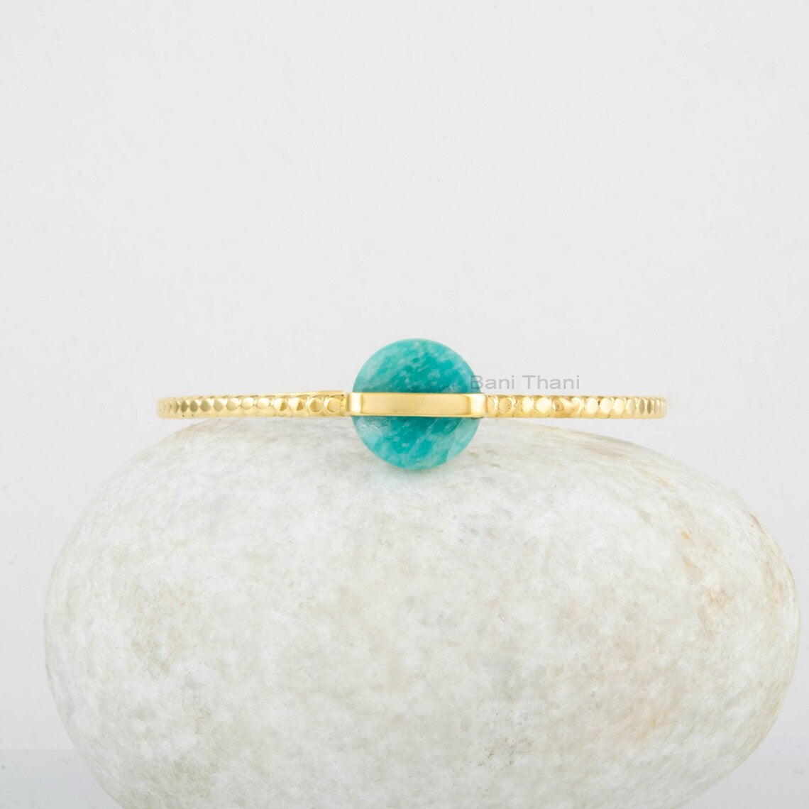 Amazonite Gemstone Bracelet - 925 Silver Bracelet - Adjustable Cuff Bangle - 12mm Round Gemstone - Gold Plated Bracelet - Handmade Jewelry