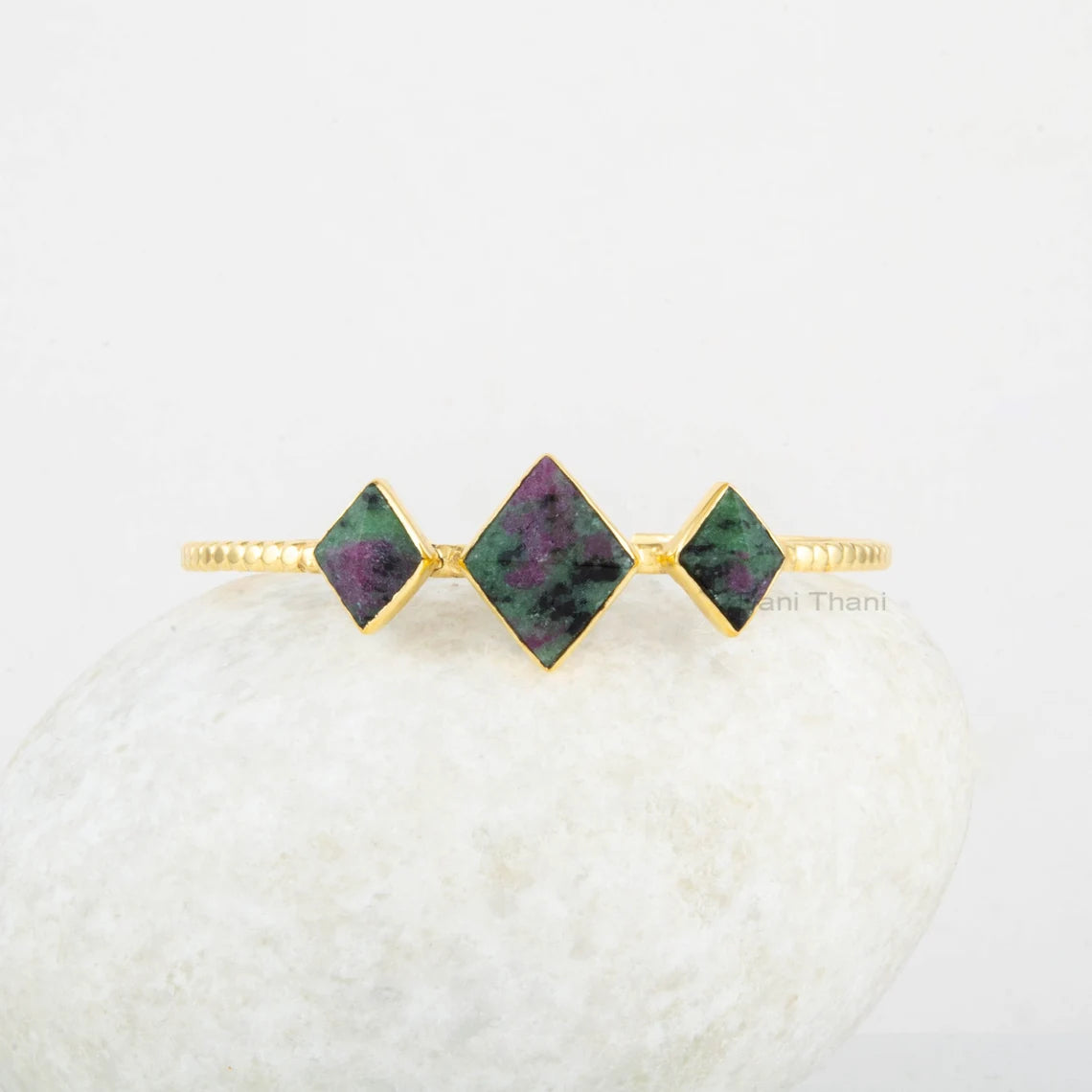 Ruby Zoisite Cuff Bracelet - 925 Silver Bracelet - Adjustable Bangle - Diamond Shape Gemstone - Gold Plated - Gift for Her - Handmade Bangle