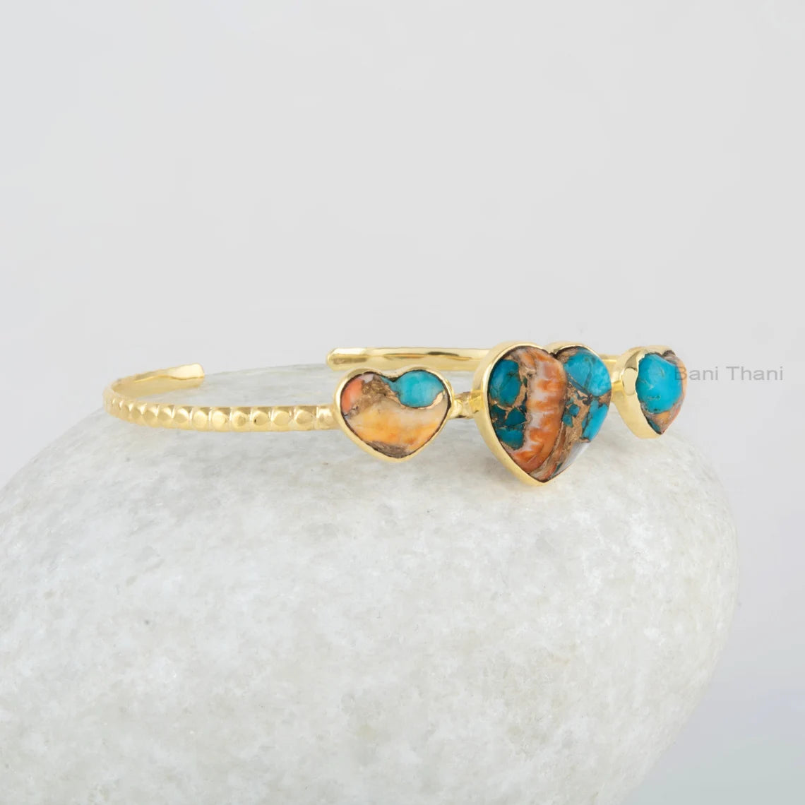 Oyster Turquoise Cuff Bracelet - Sterling Silver Bracelet - Adjustable Bangle - Heart Gemstone - Gold Plated - Gift for Her- Handmade Bangle