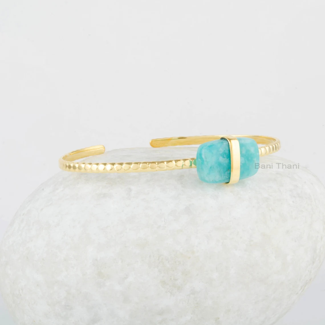 Amazonite Cuff Bracelet - 925 Silver Bracelet - Adjustable Bangle - 10x16mm Cushion Gemstone - Gold Plated - Wedding Gift- Delicate Bracelet