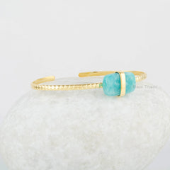 Amazonite Cuff Bracelet - 925 Silver Bracelet - Adjustable Bangle - 10x16mm Cushion Gemstone - Gold Plated - Wedding Gift- Delicate Bracelet