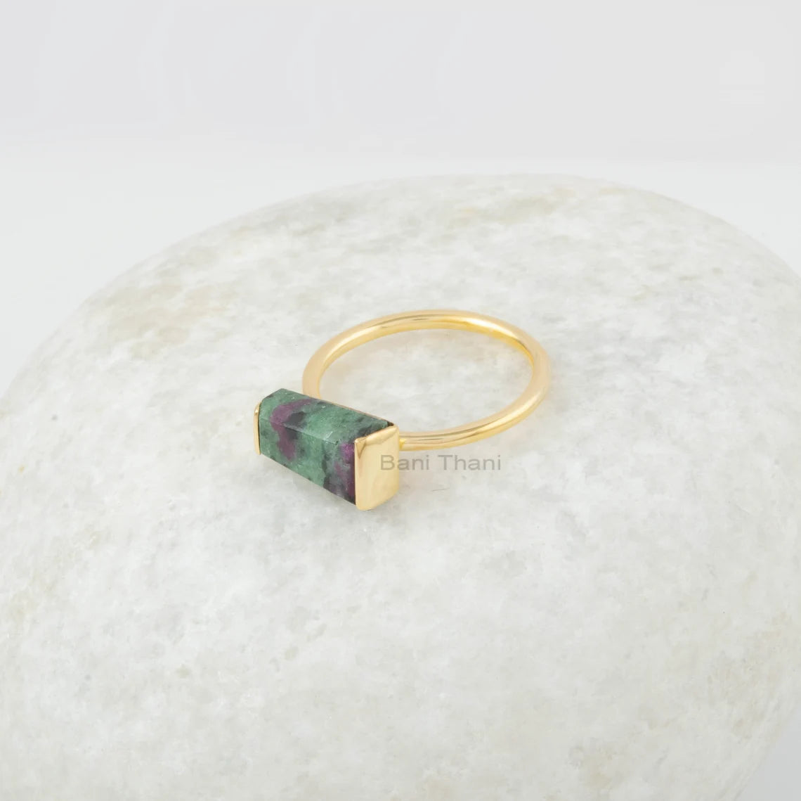 Ruby Zoisite Gemstone Ring - 925 Sterling Silver - Jewelry for Women's under 40 - Handmade Ring - Gold Plated - Gift for Her - 7x12 Baguette