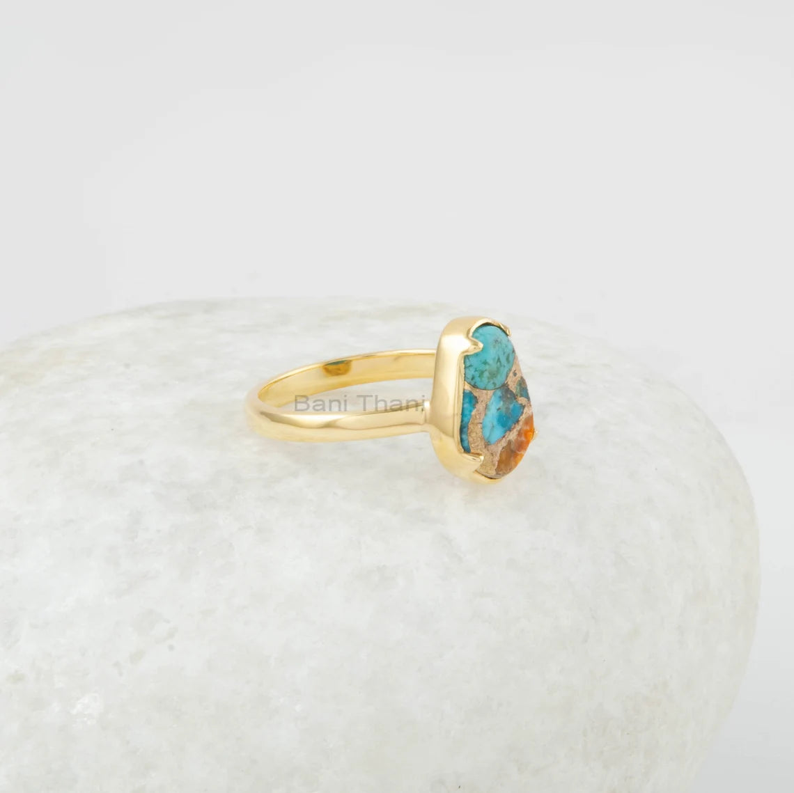 Oyster Copper Turquoise Ring - 925 Silver Ring - Gemstone Jewelry - Gold Plated Ring - Gift for Her under 40 - Bridesmaid Jewelry - 8x12mm