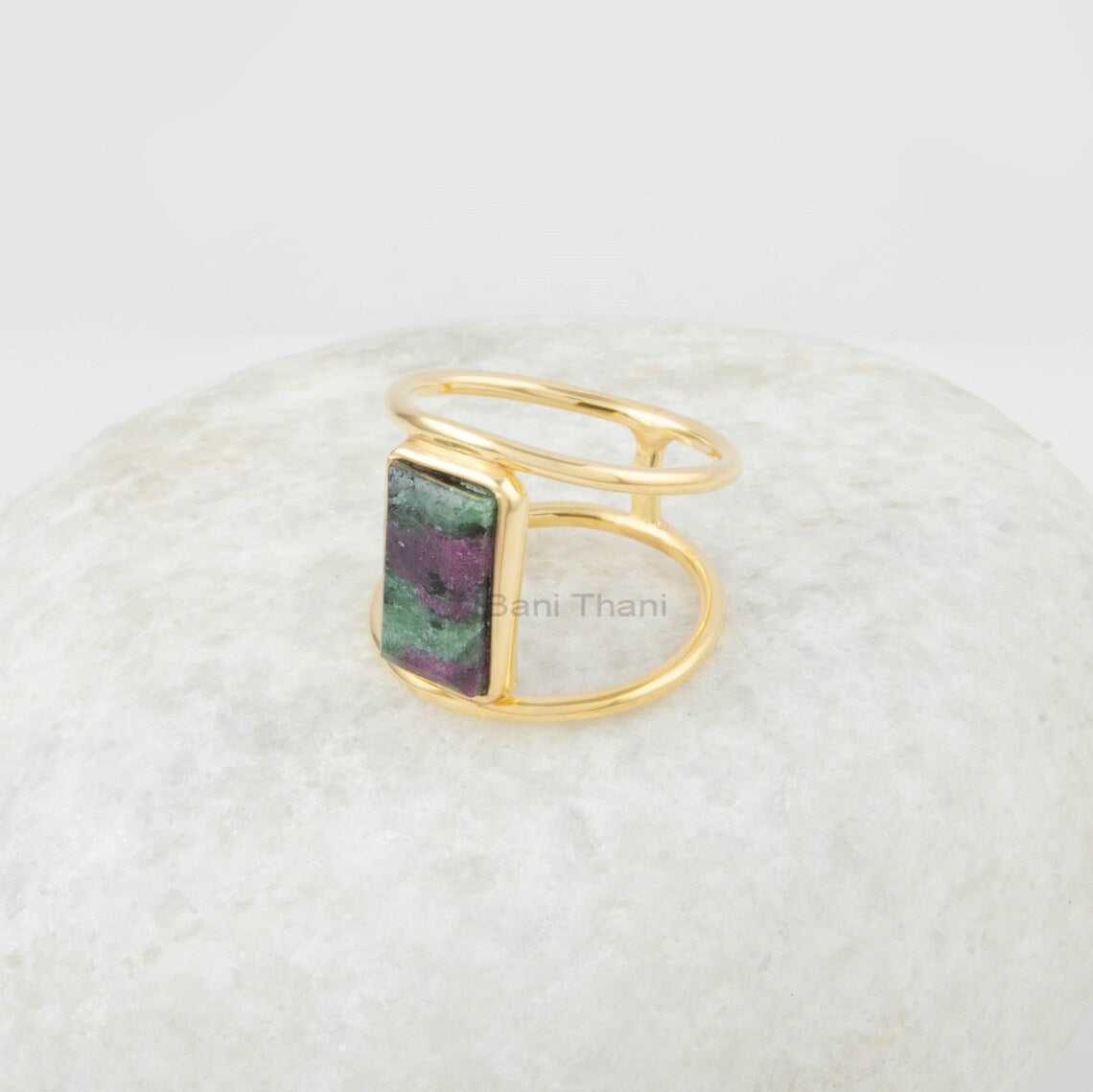 Ruby Zoisite Silver Ring - 7x12mm Rectangle - Gemstone Ring - Double Band - Gold Plated - Ring for Women - Gift for Her - Wedding Gift Ring