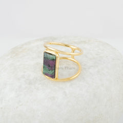 Ruby Zoisite Silver Ring - 7x12mm Rectangle - Gemstone Ring - Double Band - Gold Plated - Ring for Women - Gift for Her - Wedding Gift Ring