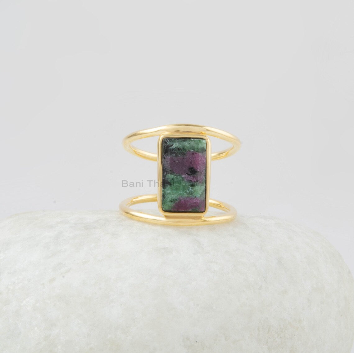 Ruby Zoisite Silver Ring - 7x12mm Rectangle - Gemstone Ring - Double Band - Gold Plated - Ring for Women - Gift for Her - Wedding Gift Ring