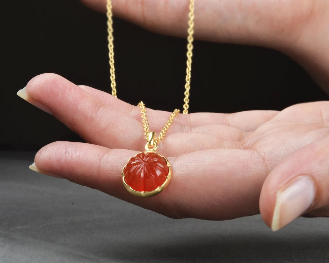 Carnelian Necklace - Sterling Silver - Gold Plated Pendant Necklace - Carved Jewelry - Trendy Jewelry - Gift For Summer - Jewelry For Ladies