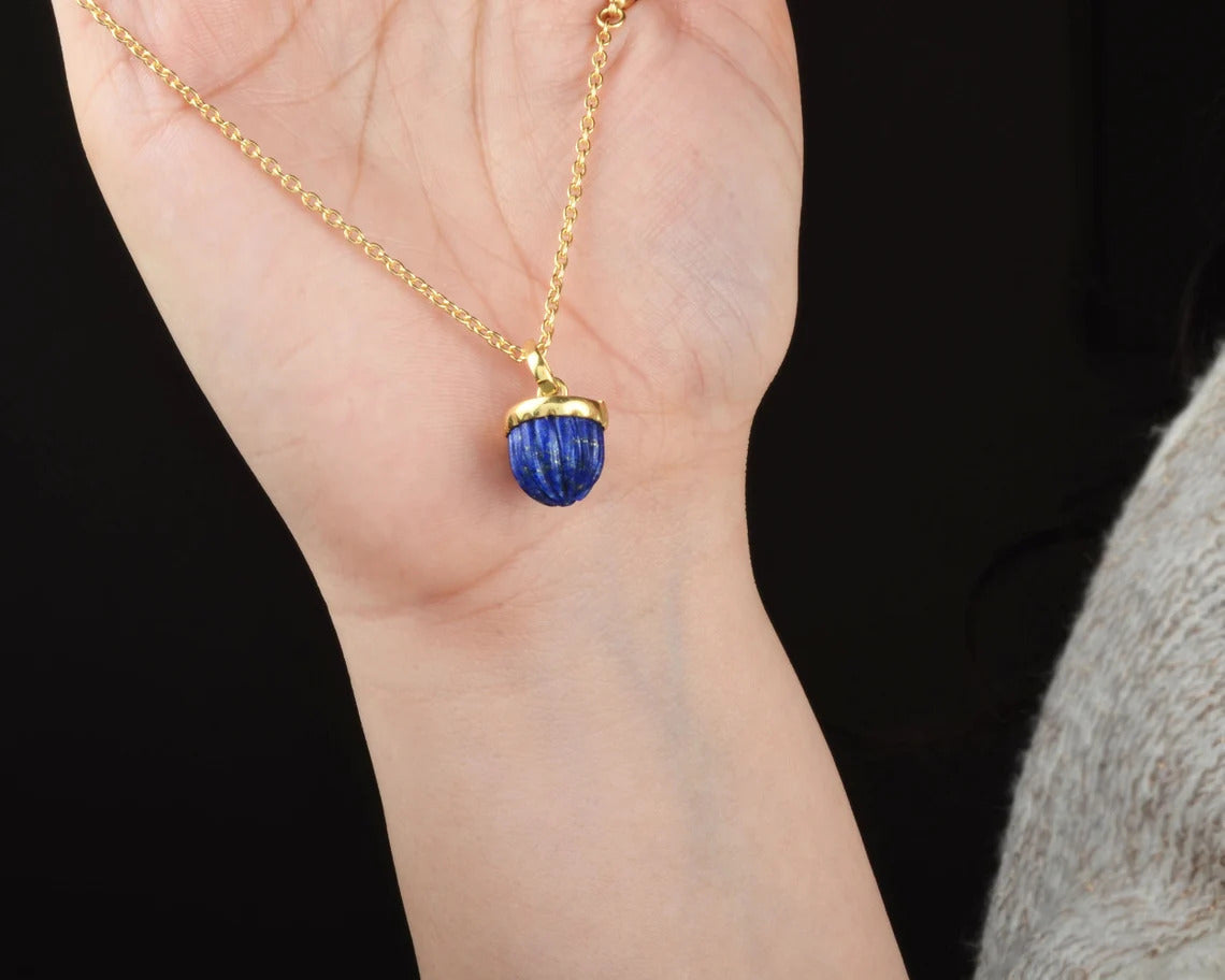 Acorn Pendant - Lapis Lazuli Necklace - Solid Silver - Gold Plated Pendant Necklace - Carved Jewelry - Gift For Protection -Jewelry For Prom