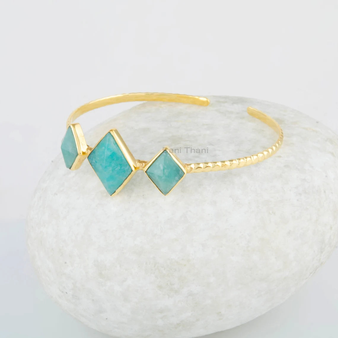 Diamond Shape Gemstone Cuff Bracelet - Amazonite Bangle - Gold Plated Bangle - 925 Sterling Silver Bangle- Handmade Jewelry - Wedding Gift