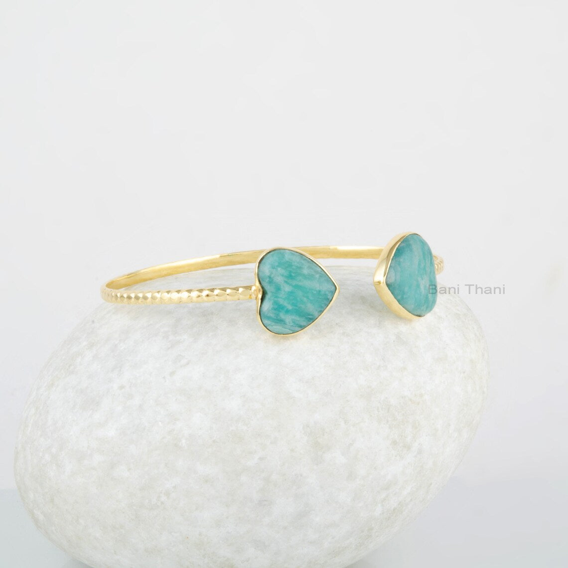 Amazonite Gemstone Bracelet - Gold Plated Cuff Bangle - Solid Silver - 11mm Heart Bangle - Wedding Gift - Gift for Her - Handmade Jewelry