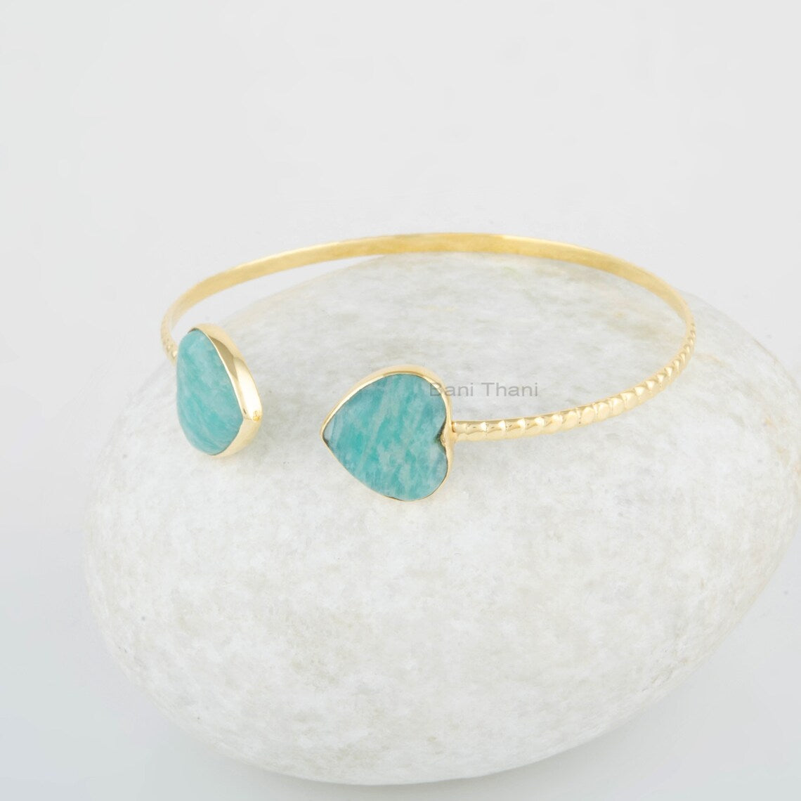 Amazonite Gemstone Bracelet - Gold Plated Cuff Bangle - Solid Silver - 11mm Heart Bangle - Wedding Gift - Gift for Her - Handmade Jewelry