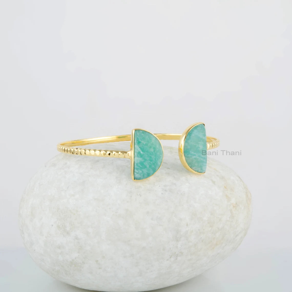 Half Moon Amazonite Bracelet - Gold Plated Cuff Bangle - Handmade Jewelry - 925 Solid Silver - 7x12mm Gemstone Bangle - Anniversary Gift