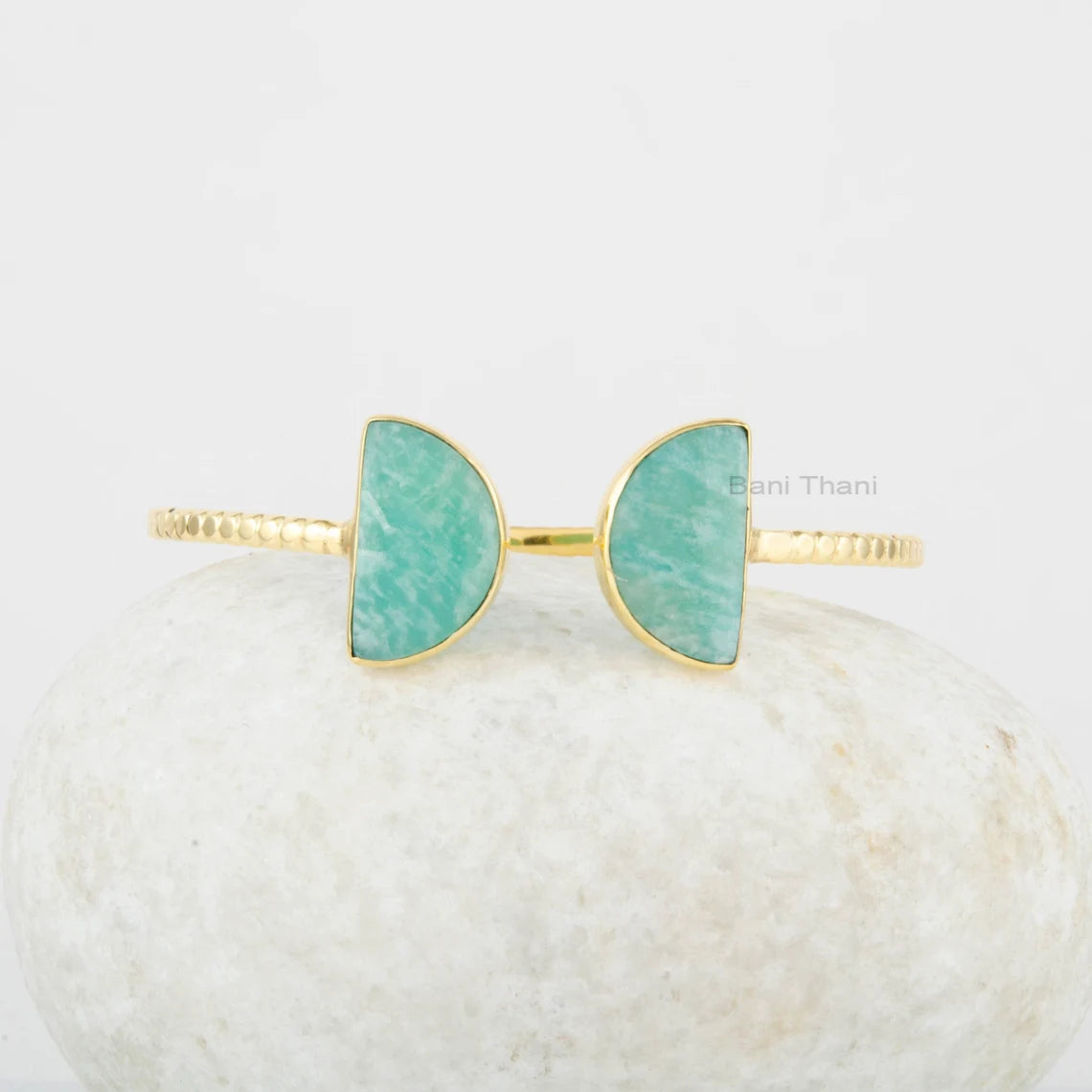 Half Moon Amazonite Bracelet - Gold Plated Cuff Bangle - Handmade Jewelry - 925 Solid Silver - 7x12mm Gemstone Bangle - Anniversary Gift