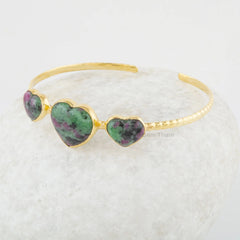 Ruby Zoisite Gemstone Bracelet - Gold Plated Bracelet - Heart Cuff Bangle - 925 Solid Silver - Gift for Birthday - Adjustable Cuff Bracelet