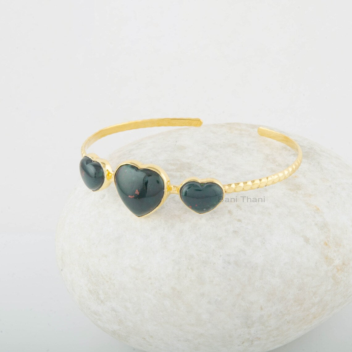 Heart Bangle - Gemstone Cuff Bracelet - Bloodstone Bangle - 925 Solid Silver Bracelet - Gold Plated - Gift for Birthday - Jewelry for Ladies