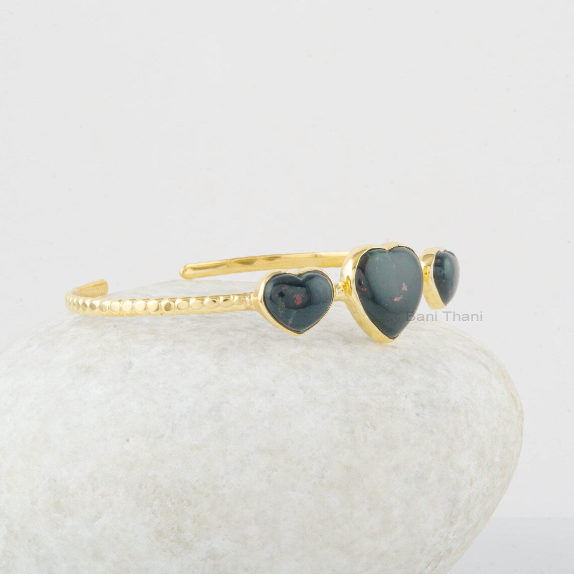 Heart Bangle - Gemstone Cuff Bracelet - Bloodstone Bangle - 925 Solid Silver Bracelet - Gold Plated - Gift for Birthday - Jewelry for Ladies