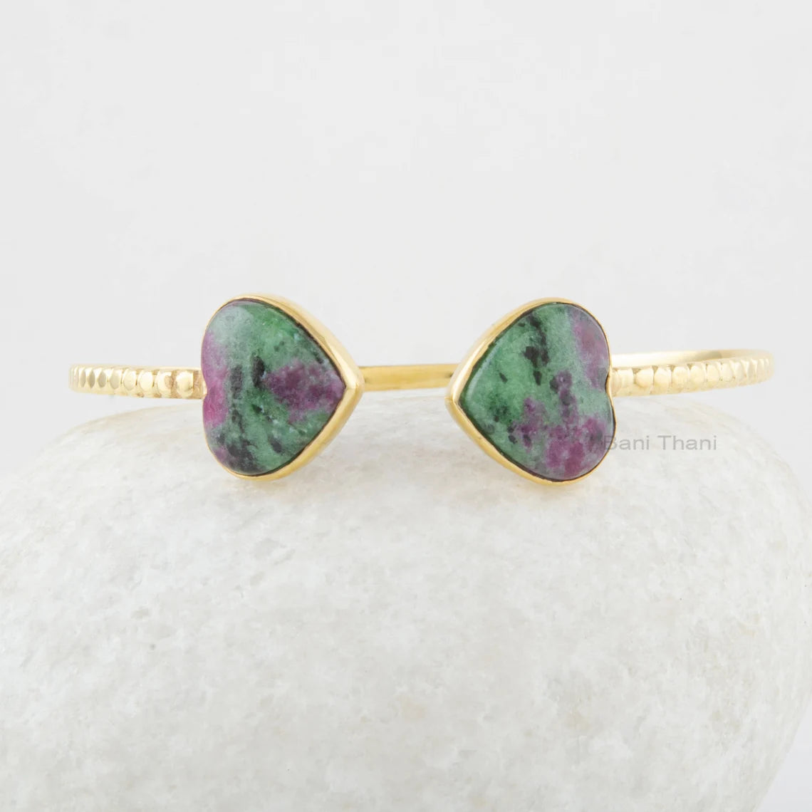Jewelry for Prom - Gemstone Cuff Bangle - Ruby Zoisite Heart Bangle- Gold Plated - 925 Solid Silver - Gift for Her - Jewelry For Niece